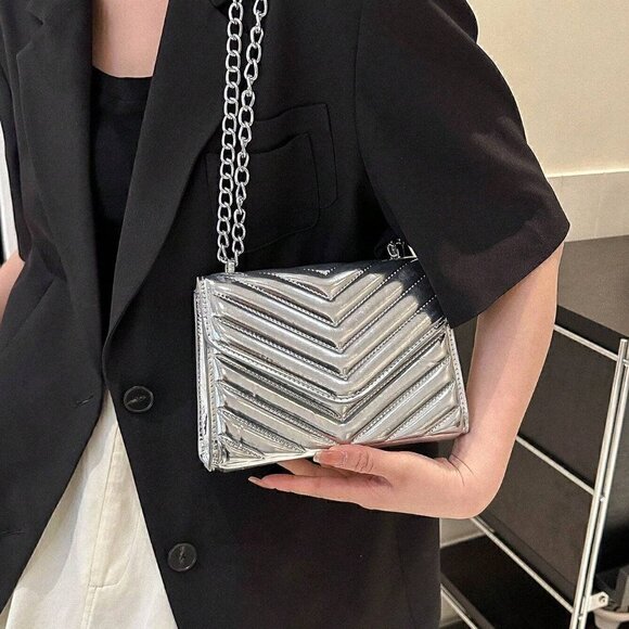 Silver Preppy Womens Mini Square Bag Chevron Detail Flap Chain Metallic - Picture 2 of 5